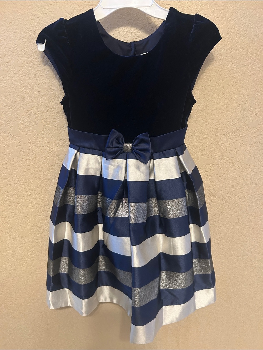 Jona Michelle Navy Blue & Silver Striped Velvet Party Dress